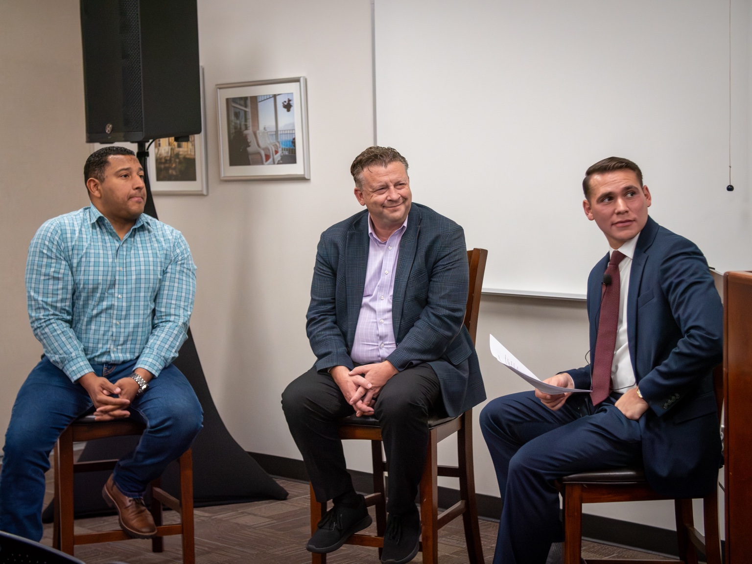 Salt Lake County Councilman Carlos Moreno, Utah State Senator Todd Weiler, and moderator Seth A. Villagomez at the inaugural Utah Emerging Leaders Forum