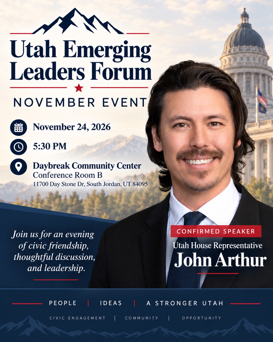 Utah Emerging Leaders Forum November event with Utah House Representative John Arthur on November 24, 2026