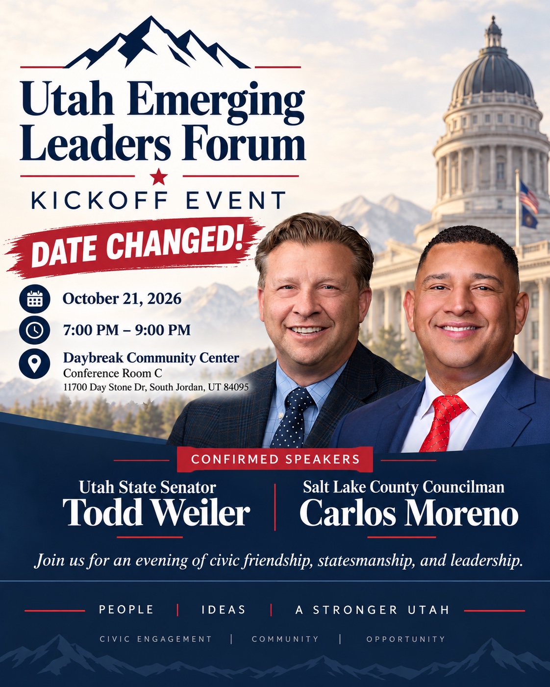Utah Emerging Leaders Forum kickoff event with Utah State Senator Todd Weiler and Salt Lake County Councilman Carlos Moreno on October 21, 2026