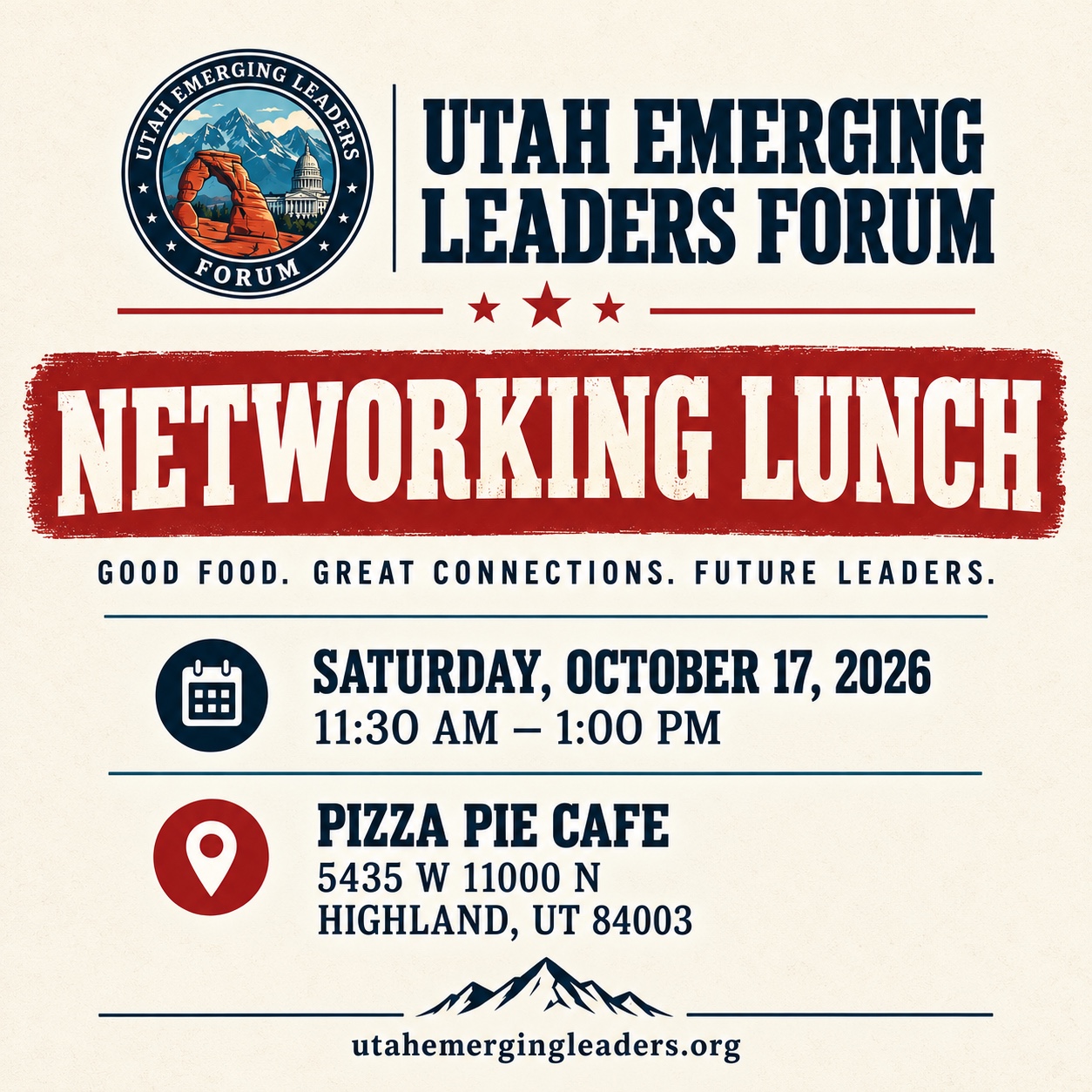 Utah Emerging Leaders Forum networking lunch at Pizza Pie Cafe in Highland, Utah, on October 17, 2026
